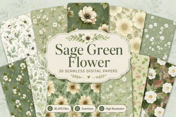 Download Seamless Sage Green Flower Digital Set - Sea Collection