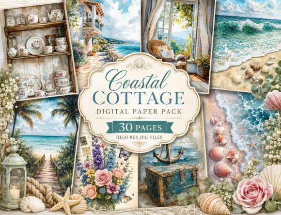 Download Coastal Cottage Watercolor Digital Paper - Watercolor digital paper Collection